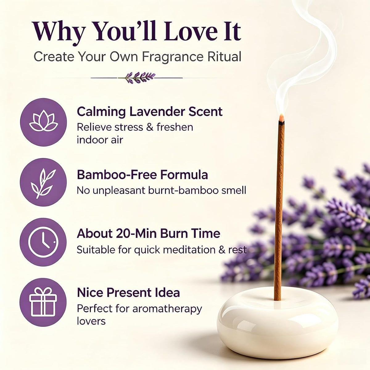 Lavender Incense Sticks 30g · Non-Toxic · Low Smoke for Sleep