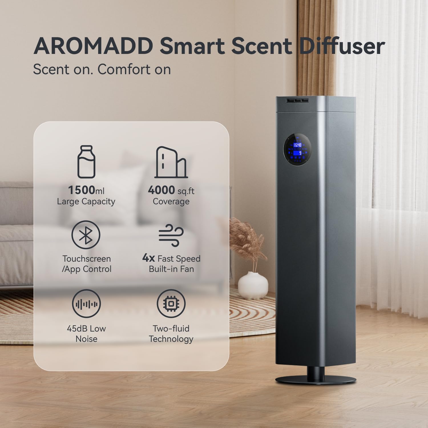 Aromadd 1500ml Scent Air Machine for Home, 4000 sq. ft Coverage Waterless Diffuser Essential Oil Diffuser Hotel Scent Diffuser Cold Air Nebulizer for Large Room Hotel Office (Titanium Gray)