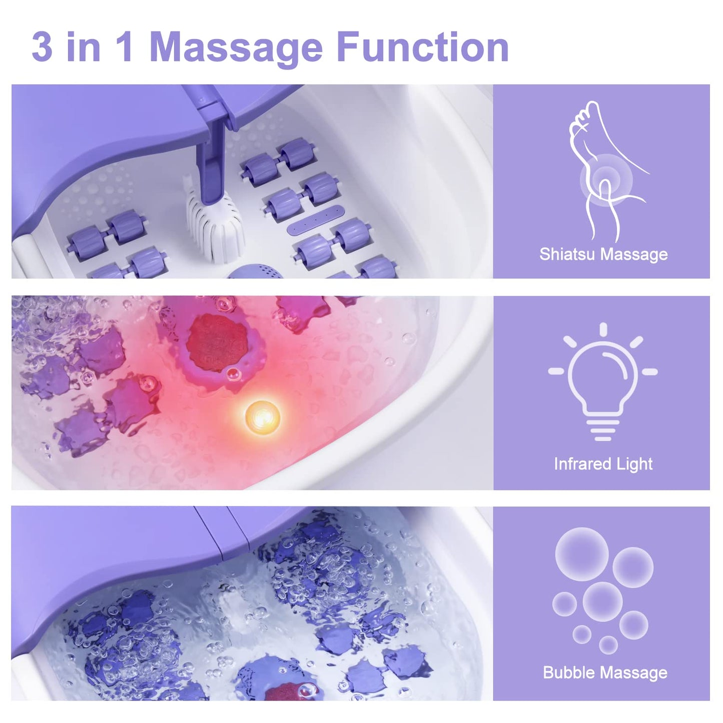 Foot Spa Bath Massager with Heat Bubbles and Vibration Massage and Jets, 16OZ Tea Tree Oil Foot Soak Epsom Salt, Collapsible Foot Bath Spa Bucket with Infrared Light & Remote Control - Purple
