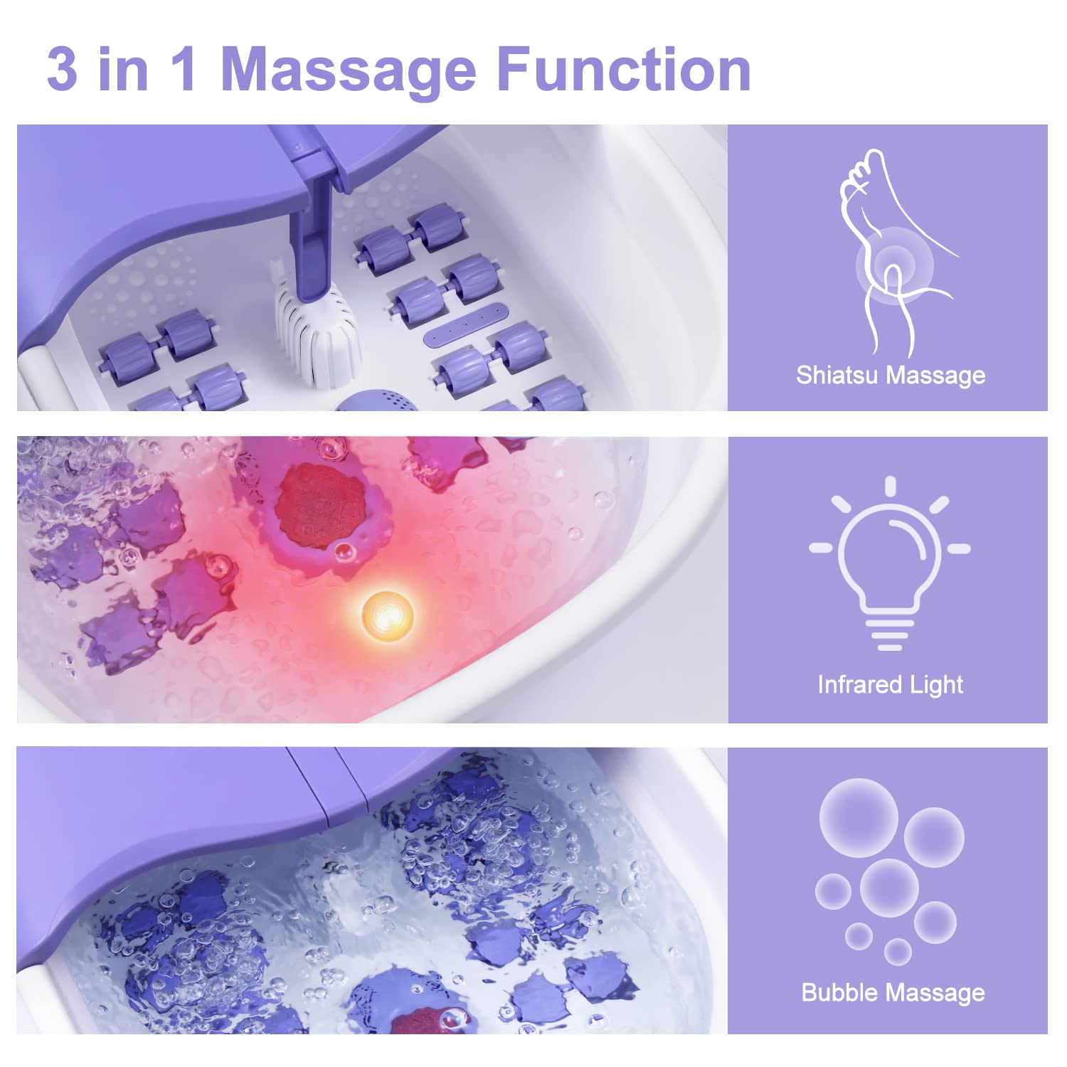 Foot Spa Bath Massager with Heat Bubbles and Vibration Massage and Jets, 16OZ Tea Tree Oil Foot Soak Epsom Salt, Collapsible Foot Bath Spa Bucket with Infrared Light & Remote Control - Purple