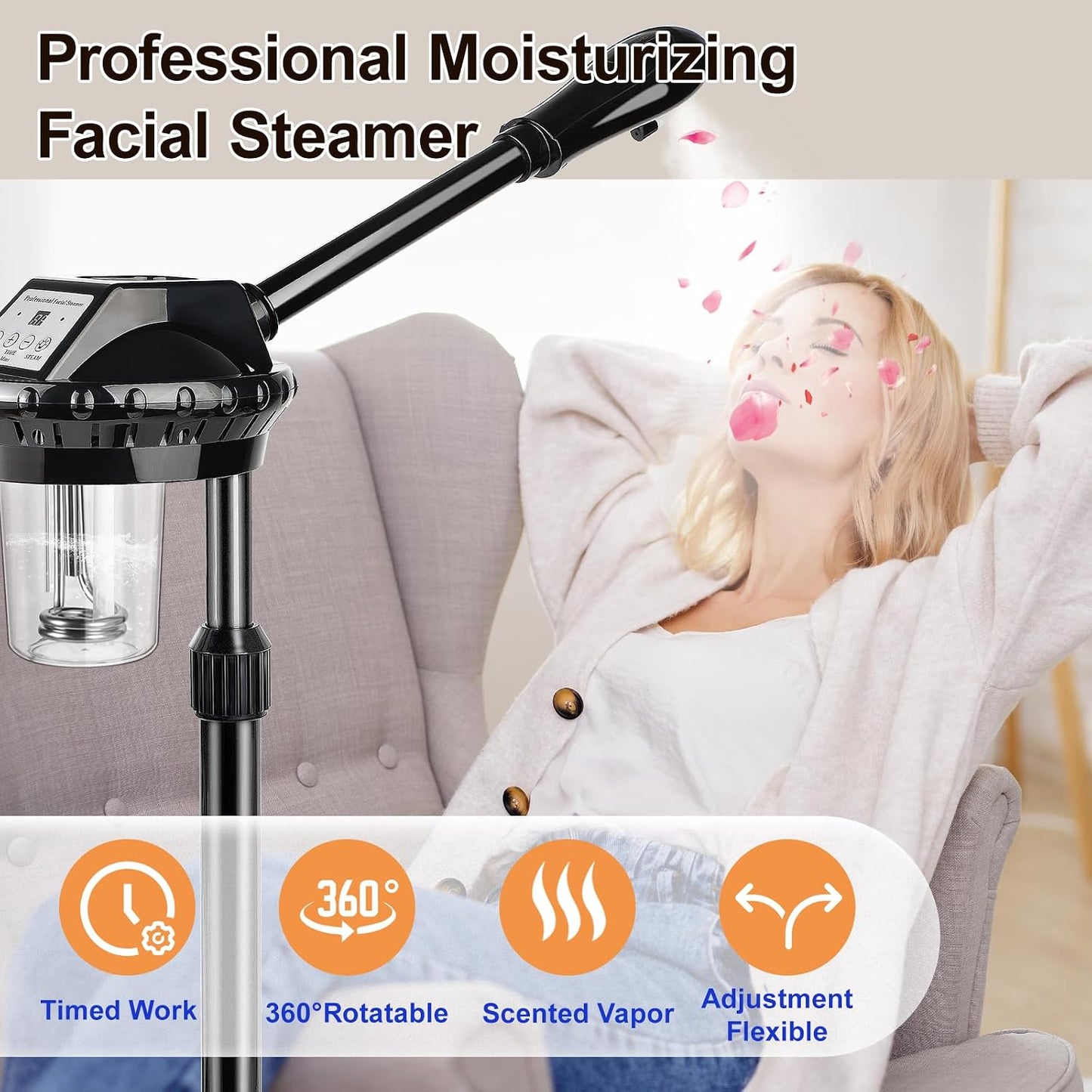 Professional Facial Steamer for Deep Hydration,Ozone Face Steamer with More Steam,Estheticians Steamer on Wheels with Time Setting,Adjustable Height Suitable for Beauty, Spa and Home Use