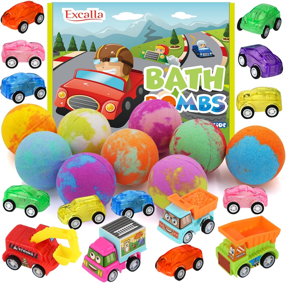 Bath Bombs for Kids with Toys Inside, 9 Pack Handmde Bath Bombs Set with Pull-Back Cars Inside, Rich Foam Color Bubble Set Boys Girls for Skin Moisturizing