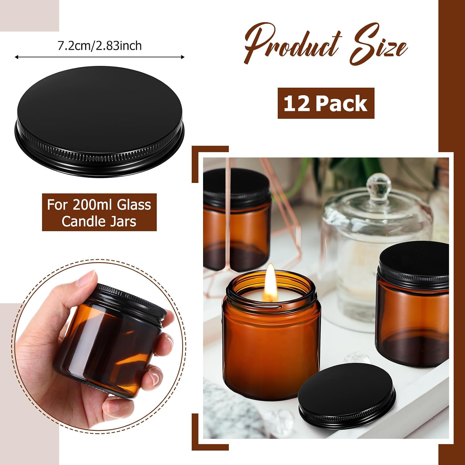 Nuanchu 12 Pack Candle Jar Cover Black Candle Lids Bulk Aluminum Metal Jar Lids Candles Topper Sleeve Twist-Lug Metal Screw Cap Lid for Candles Container Tins Works with Lug Lid Jars DIY Crafts