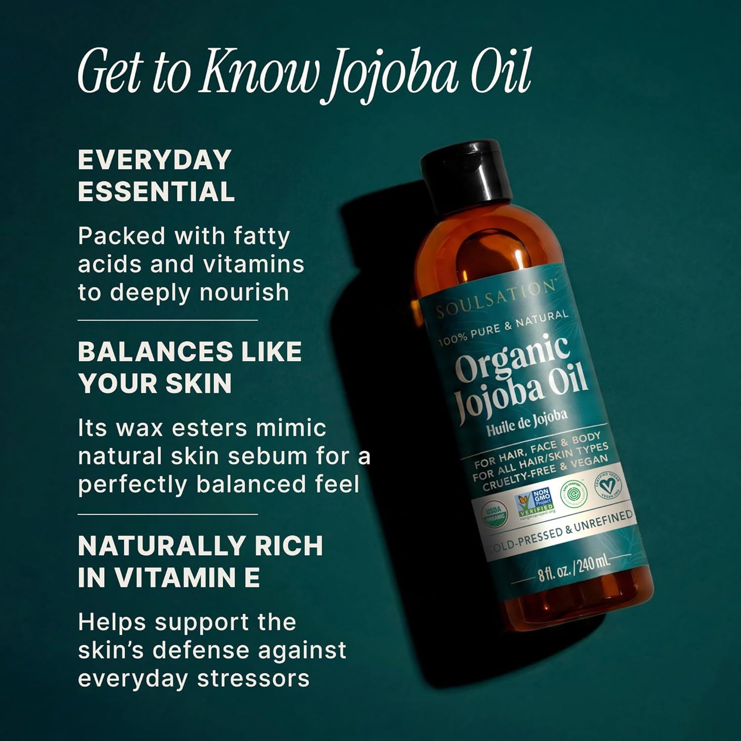 SOULSATION Organic Jojoba Oil for Skin, Hair & Face (8oz) | 100% Pure, Natural Cold Pressed - Hydrating Carrier Oil Hexane Free