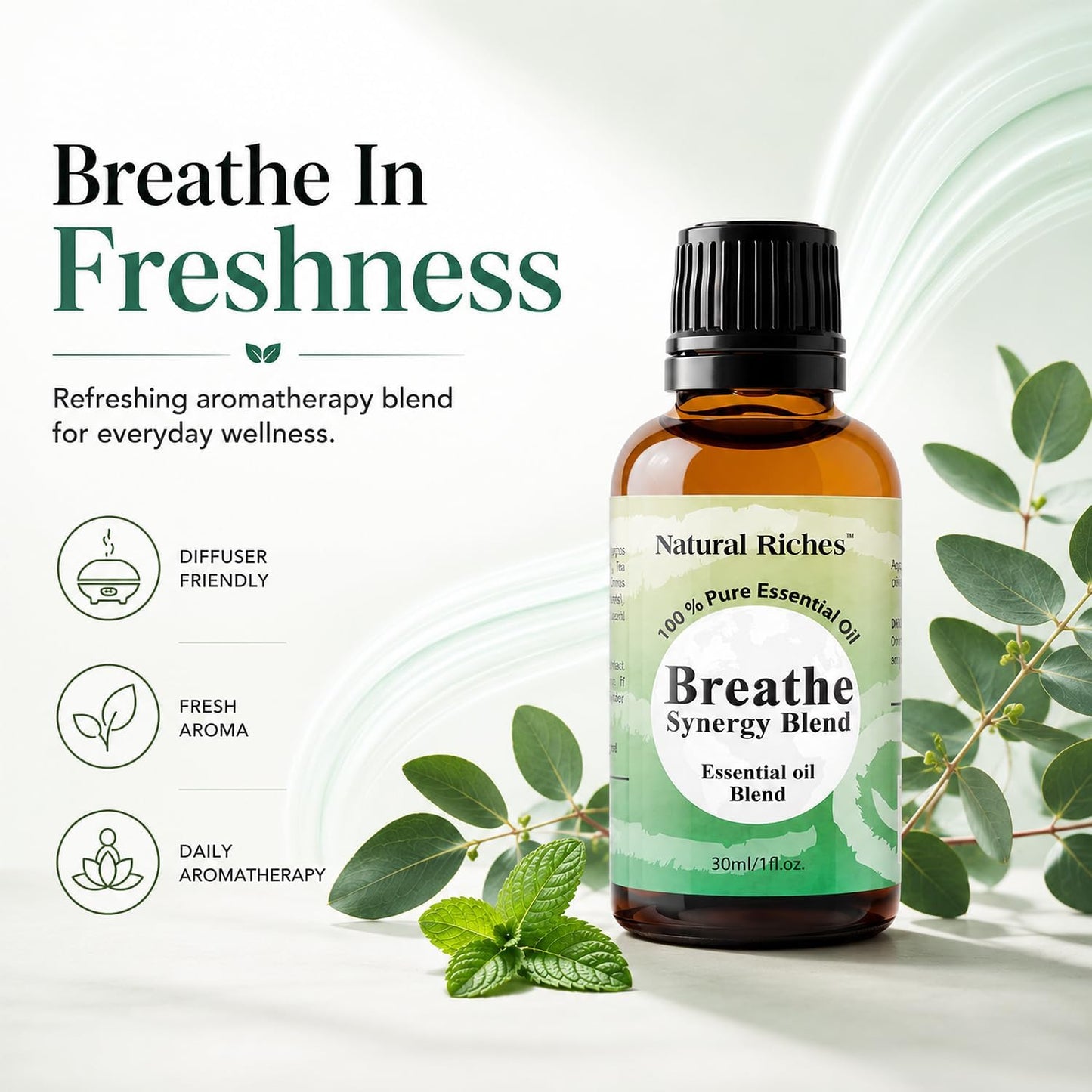 Natural Riches Breathe Essential Oil Blend Breathe Easy with Peppermint Eucalyptus Tea Tree Lemon Cardamom Pine Needle Essential Oils - 30 ml
