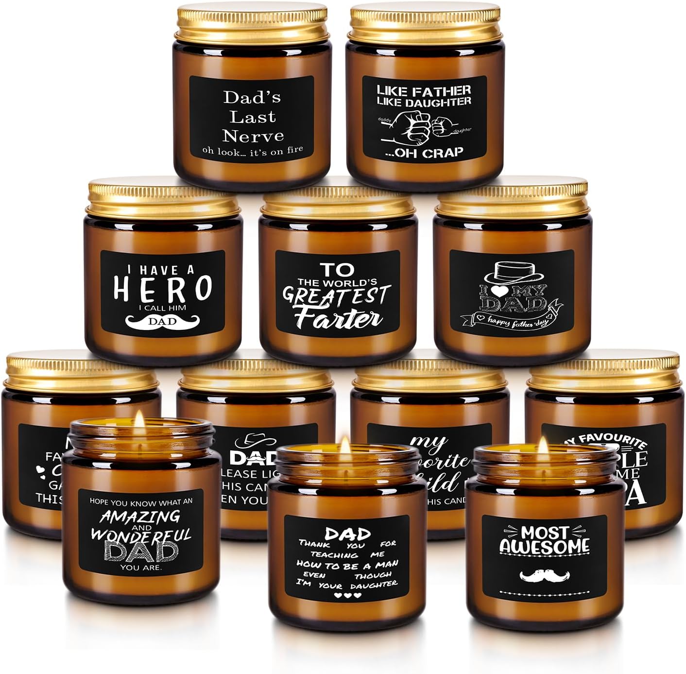 12-Pack Amber Jar Father's Day,Scented Candles, Gift for Dad 3.5oz, Natural Soy Wax and Premium Essential Oils. Ideal for Study Home & Office Aromatherapy.
