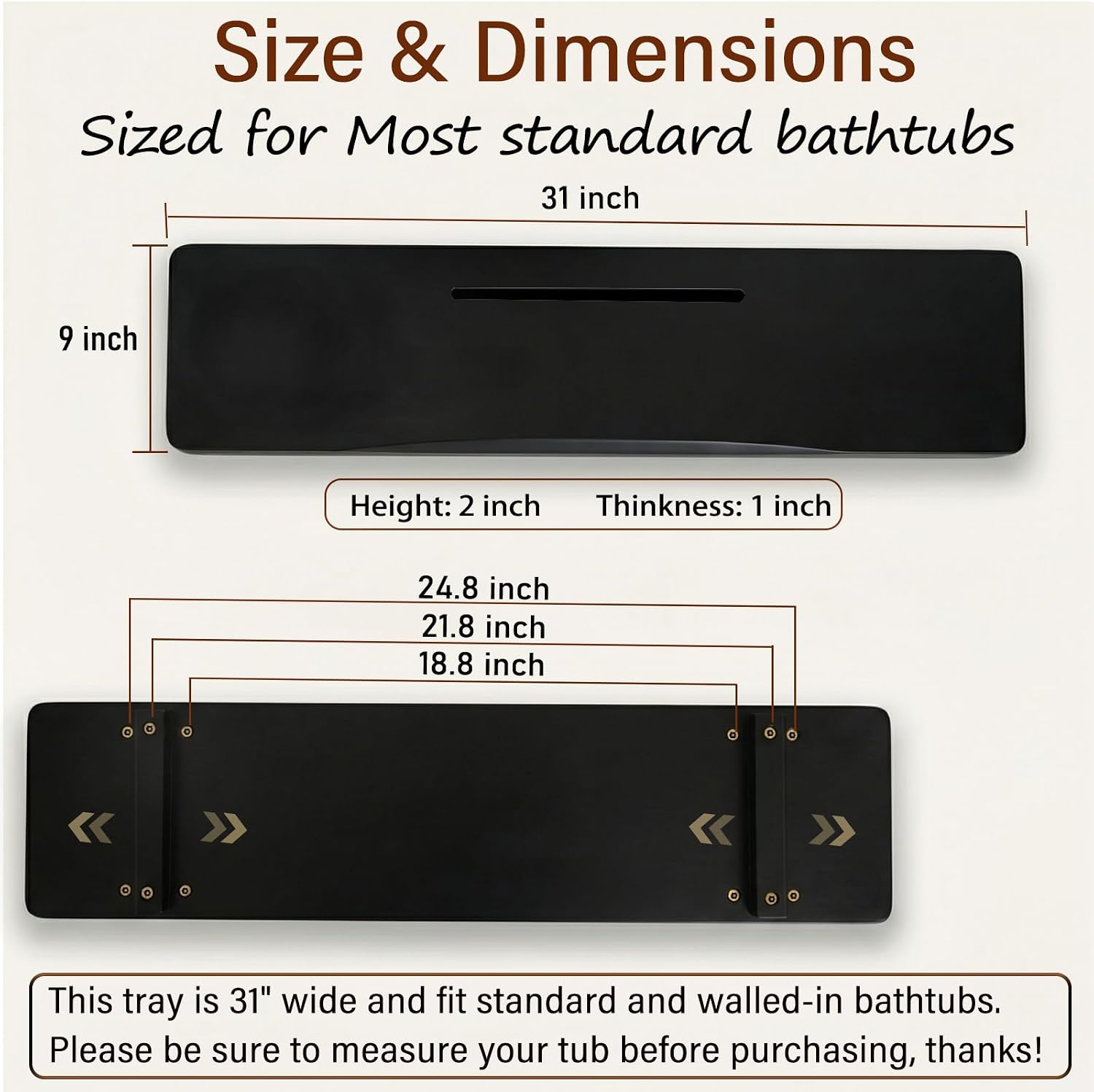 Elegant Black Bamboo Bathtub Tray Caddy for Standard Tub, 31" L Adjustable Bath Tray for Tub, Luxury Spa Bathroom Tray Organizer Table, Bath Tub Accessories for Women, Housewarming, Birthday Gifts