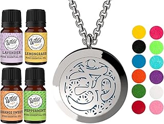 Wild Essentials Aum Om Necklace Essential Oil Diffuser Kit with Lavender, Lemongrass, Peppermint, Orange Oils, 12 Refill Pads, Calming Aromatherapy Gift Set, Customizable Color Changing, Perfume