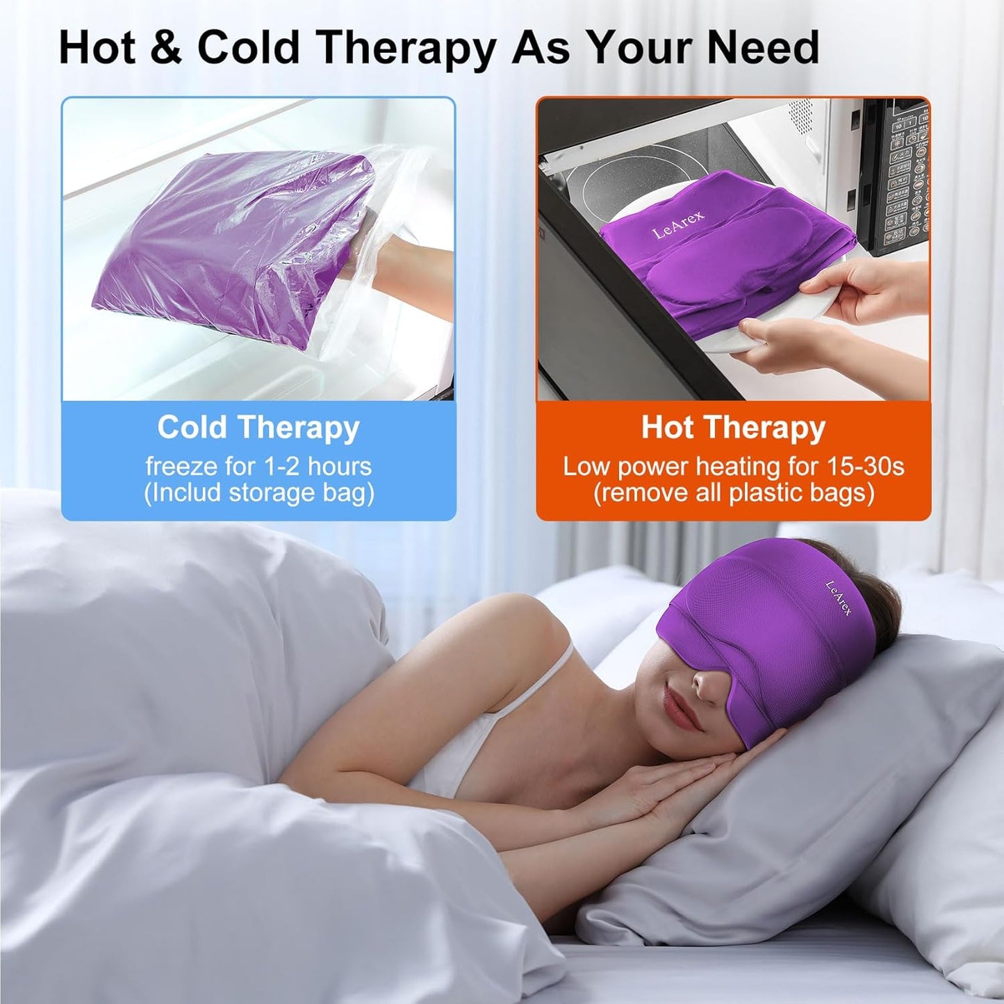 2 in 1 Migraine Relief Cap with Gel Eye Mask, Headache Relief Cap Ice Head Wrap Hot and Cold Therapy Hat Gift for Women for Headache Puffy Eyes Sinus and Tension Stress Relief (Purple)