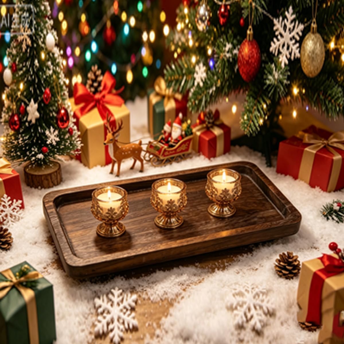 16x6.5x1 Inch Distressed Large Wooden Candle Tray, Christmas Rustic Farmhouse Tealight Holder for Table Centerpiece (Large Brown)
