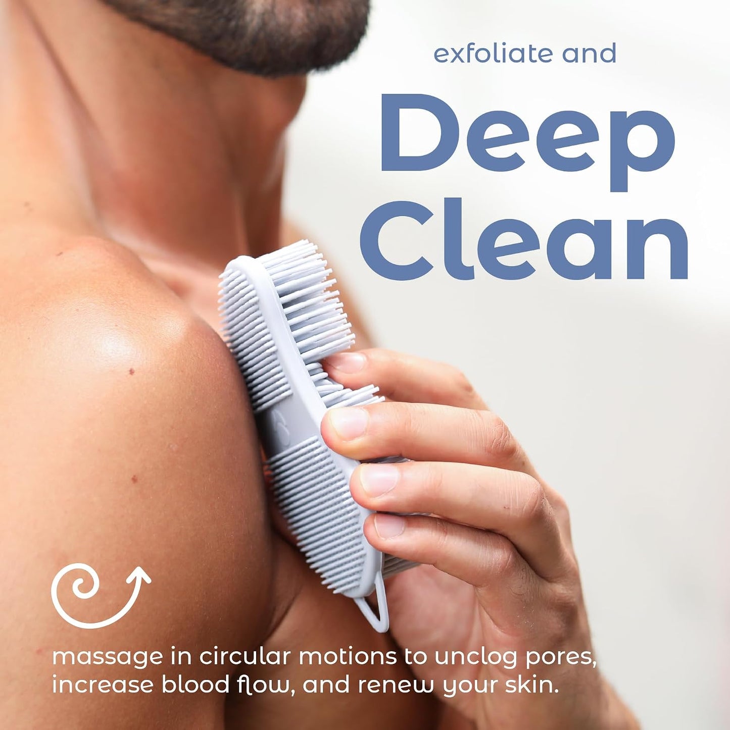 MainBasics Silicone Body Scrubber - Dual-Sided Shower Exfoliator for Men & Women, Gentle Silicone Loofah Alternative for Deep Clean (Frosted Sky, Exfoliate)