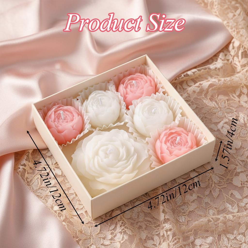 6-Pack Flower Candles Set, Rose Peony Shaped Scented Floral Candle Handmade Aromatherapy Gifts for Mother Wedding Home Decor (White & Pink)