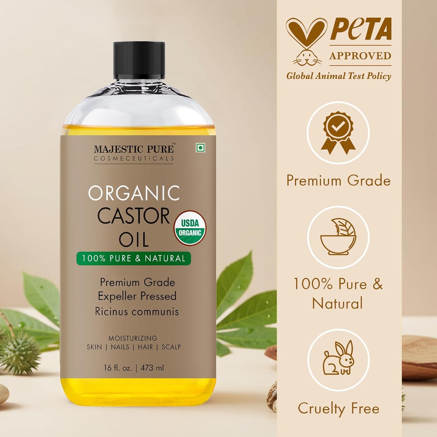 Majestic Pure Oil - 100% Pure and Natural- Cold Pressed & Hexane Free Natural Hair Growth Oil for Eyelashes, Eyebrows, Skin, Body, Face, Nails & Scalp - Organic Castor Oil 16 Fl Oz