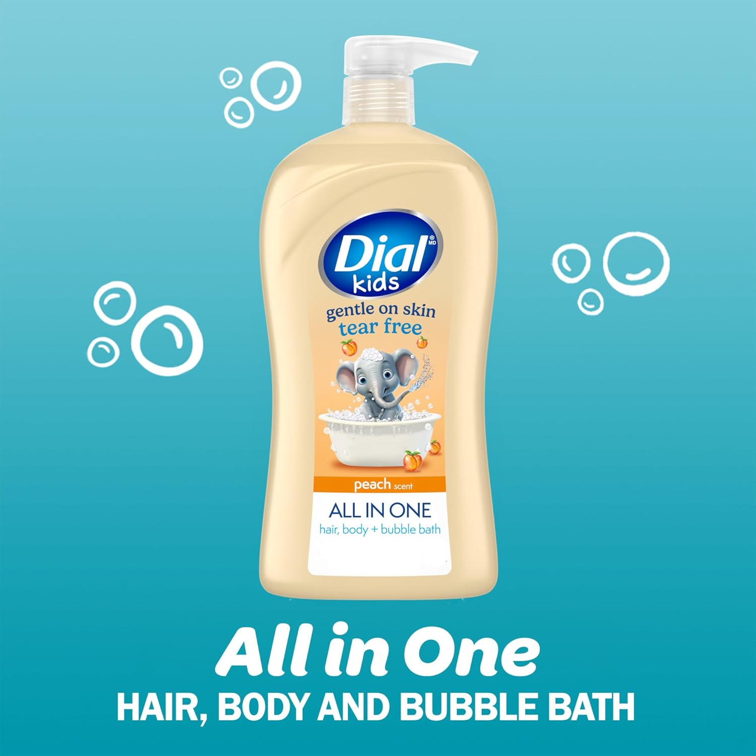 Dial Kids All-in-1 Body + Hair + Bubble Bath, Peach Scent, 32 Fl Oz, Hypoallergenic Body Wash & Shampoo, No Tears Formula for Kids 2+ Years, No Parabens & Silicones