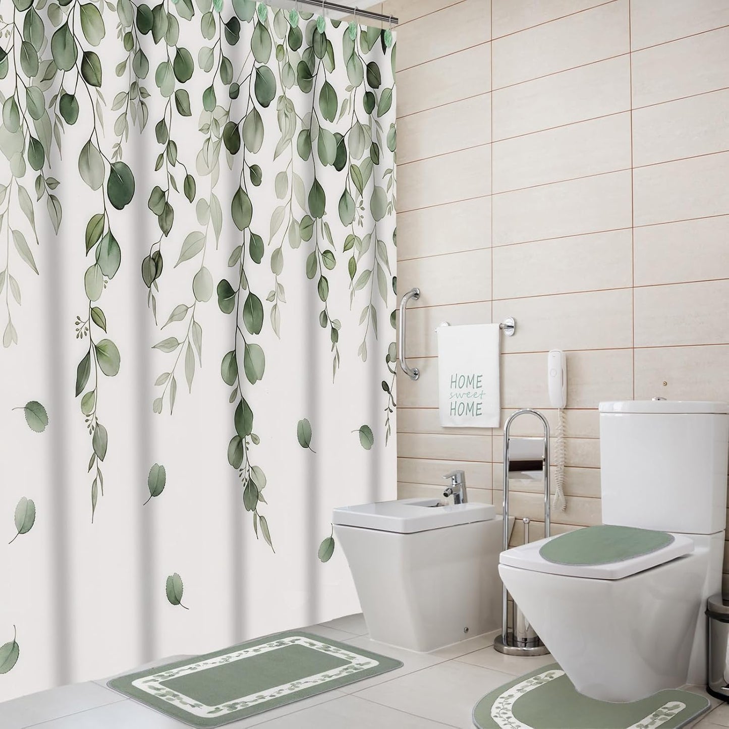 Peryiter 21 Pcs Sage Green Bathroom Set Eucalyptus Leaves Shower Curtain with 12 Leaf Hooks, 4 Sage Green Bath Towels 2 Non-Slip Rugs U-Shaped Toilet Mat & Cover Eucalyptus Decor for Bathroom