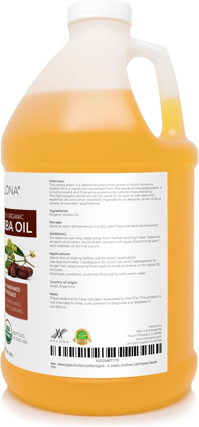 velona Jojoba Oil USDA Certified Organic - 64 Fl Oz | 100% Pure and Natural Carrier Oil| Golden, Unrefined, Cold Pressed, Hexane Free