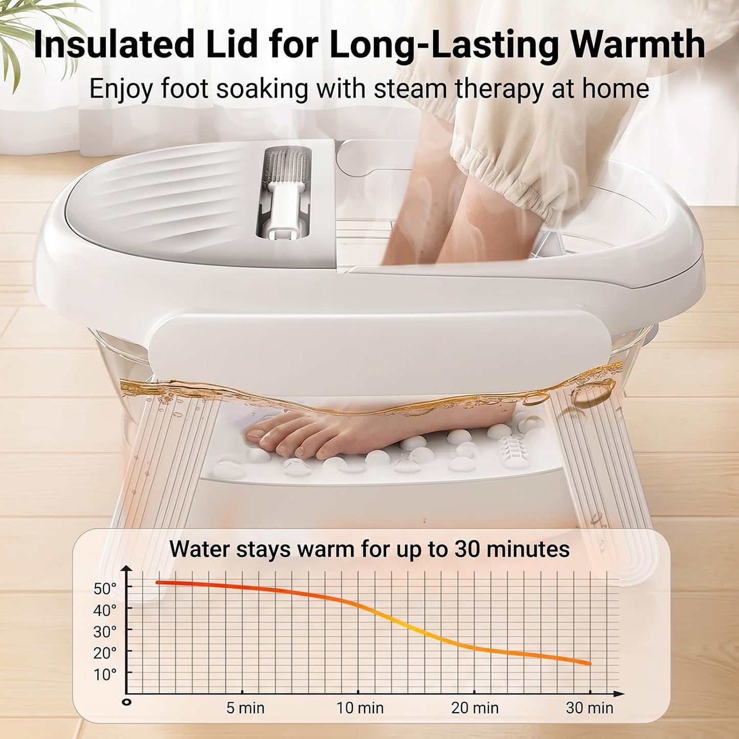 Collapsible Foot Bath Tub with Long Handle Foot Brush, Foldable Foot Soaking Tub with Insulated Lid & Sturdy Support Frame, Pedicure Foot Spa Basin for Men Women Home Travel (Gray)