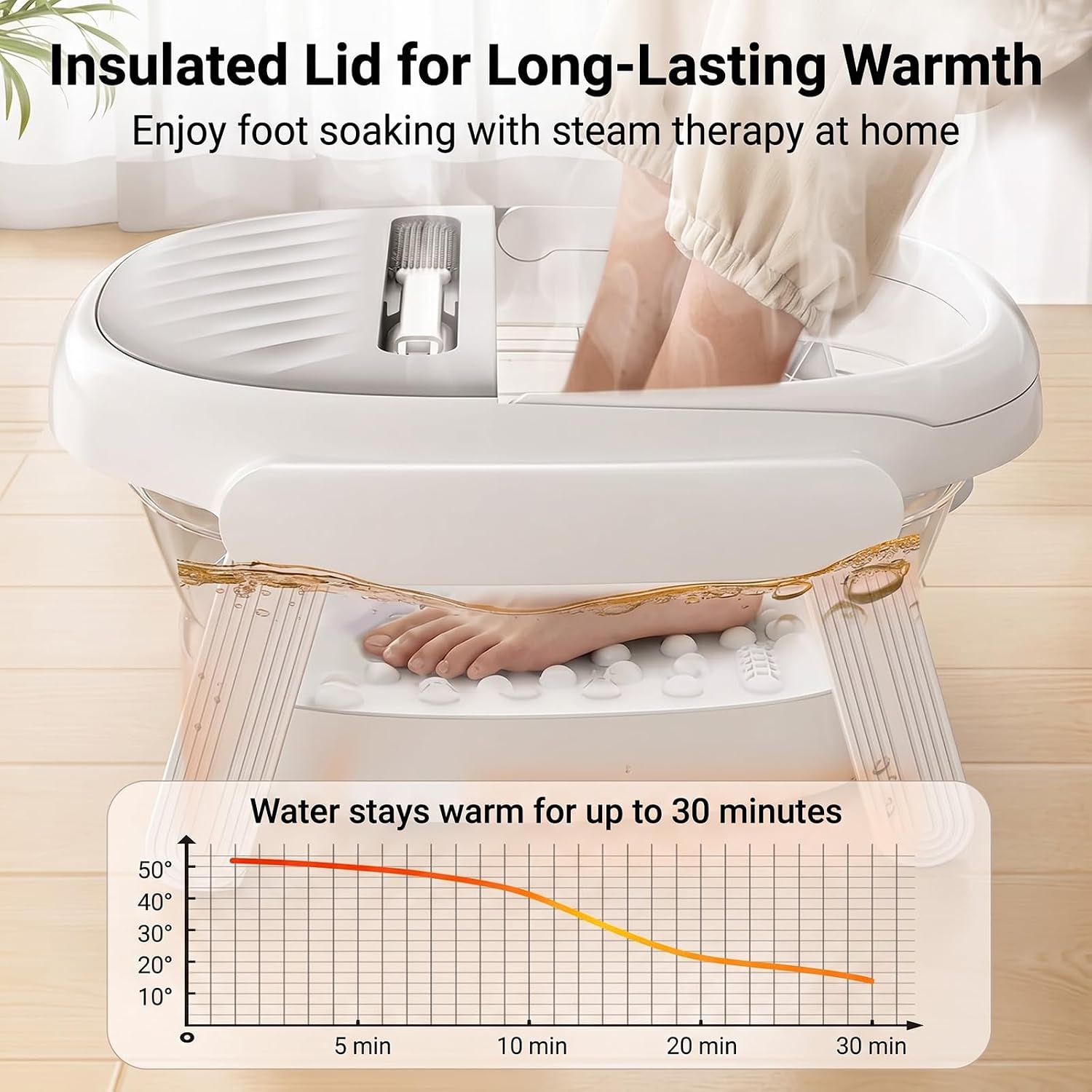 Collapsible Foot Bath Tub with Long Handle Foot Brush, Foldable Foot Soaking Tub with Insulated Lid & Sturdy Support Frame, Pedicure Foot Spa Basin for Men Women Home Travel (Gray)