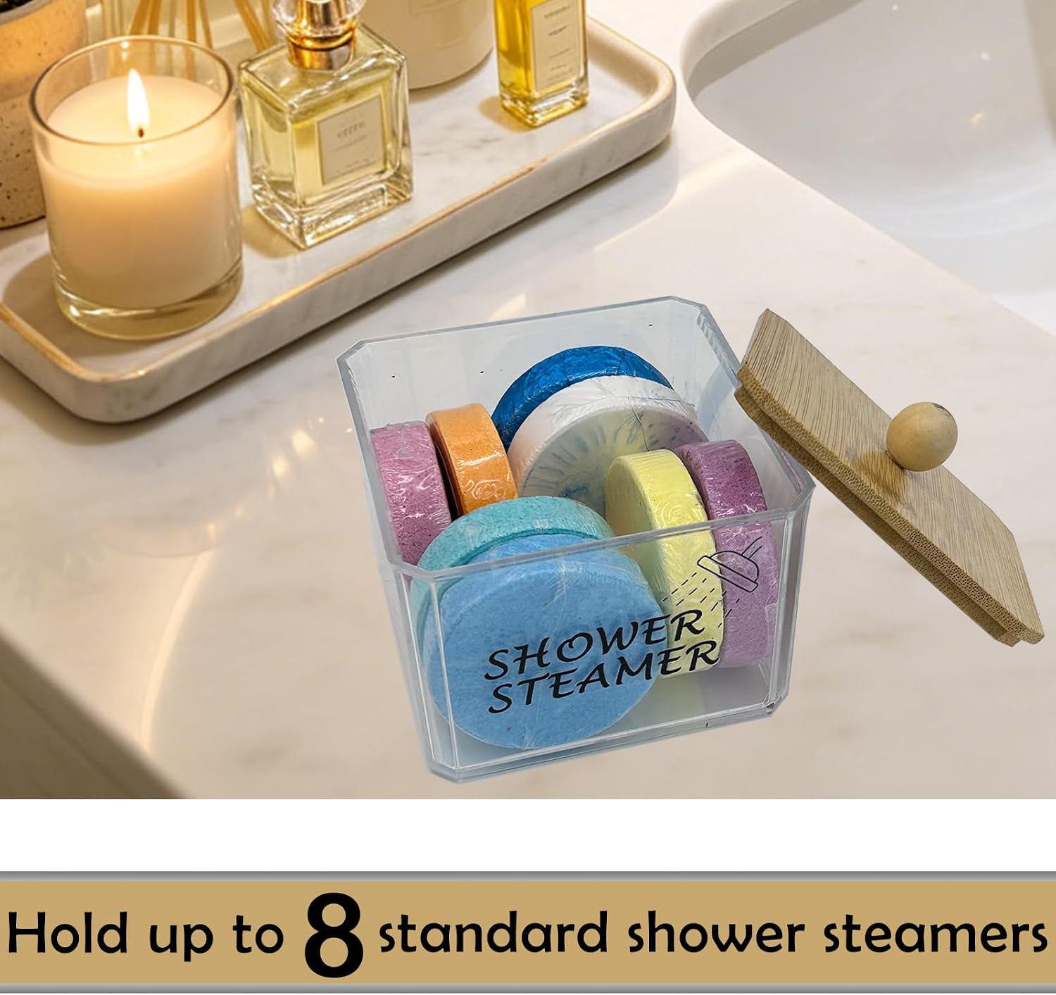 Shower Steamers Organizer, Hold up to 8 Pieces, Plastic Shower Tablets Container with Wood Lid, Clear Storage Container for Shower Steamers, Transparent Holder Bathroom Counter