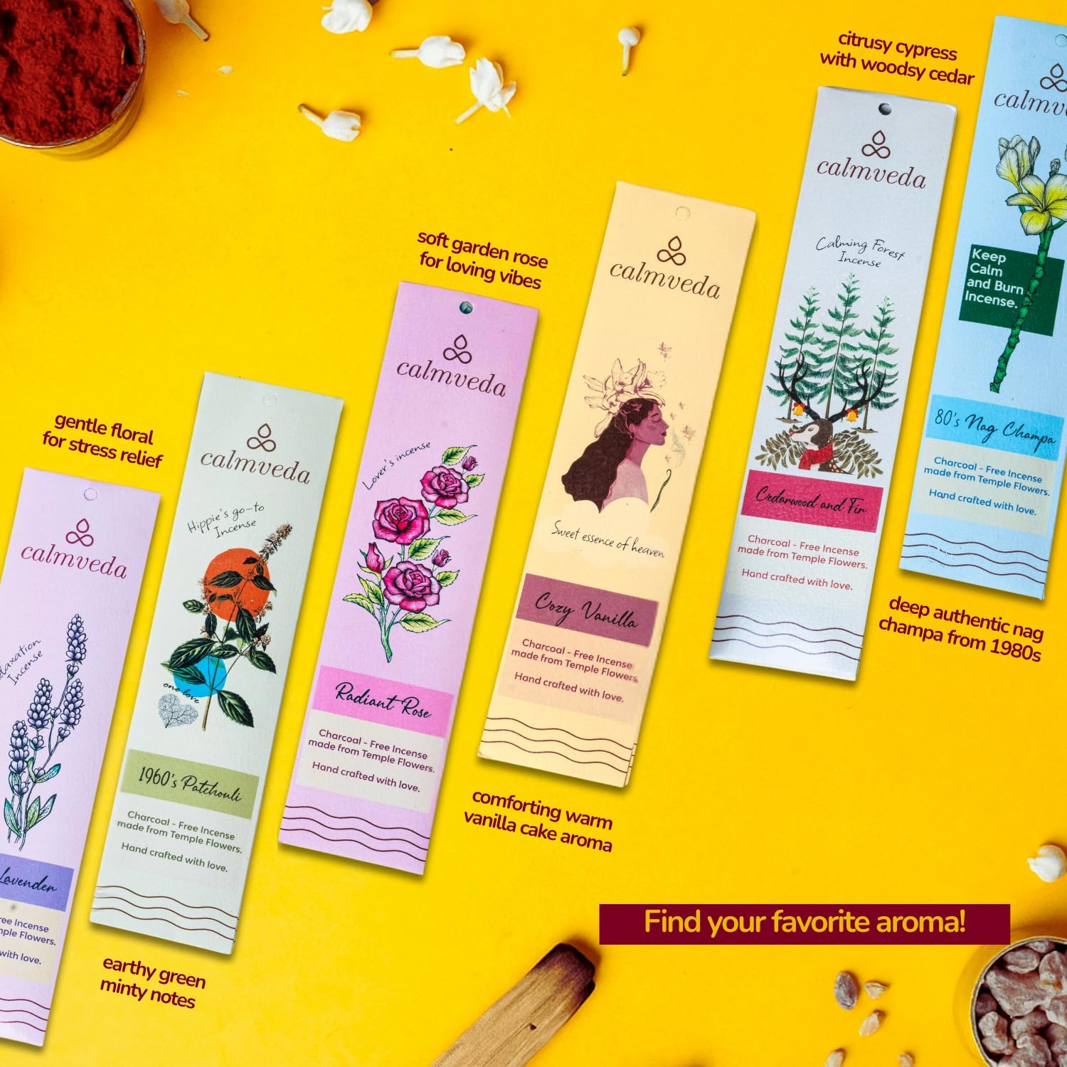 CALMVEDA Natural Incense Sticks Mega - Variety Pack (144 Insence-Sticks Bulk, 12 Aromas) Clean No Charcoal, Made from Upcycled Flowers | Organic Incense Stick Non Toxic (Slow Burn, Longlast)