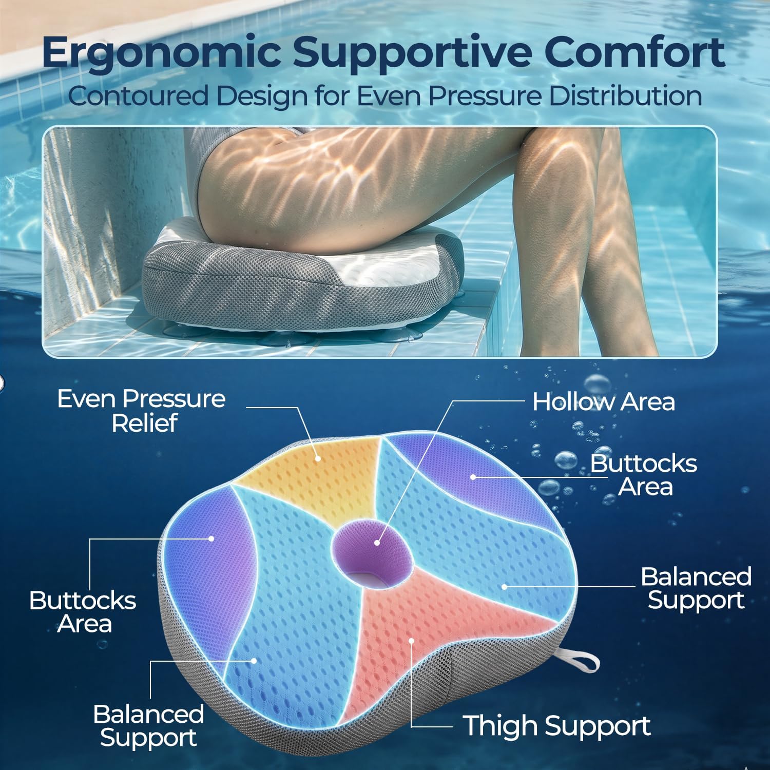 Idle Hippo Hot Tub Booster Seat, 4D Air Mesh Hot Tub Pillow with Powerful 6 Non-Slip Suction Cups, Ergonomic Booster Cushion, Quick Dry Spa Pillow for Indoor Outdoor Hot Tub-White/Grey