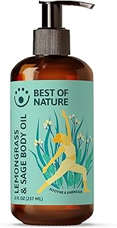 Best of Nature Lemongrass & Sage Aromatherapy Massage Oil – Non-Greasy Body Oil for Skin, Face & Massage – Uplifting Essential Oil Blend – 8 fl oz