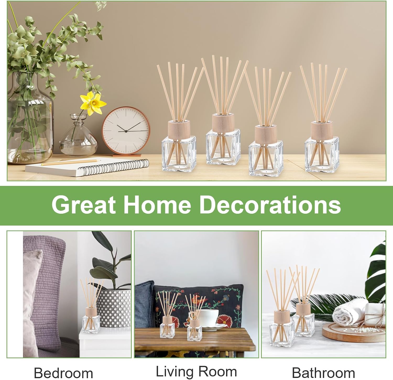12 Set Reed Diffuser Bottle Empty Fragrance Glass Diffuser Bottles Refillable Diffuser Bottles Set with Wooden Caps Rattan Sticks 50ml 1.7 Oz Glass Jars for Home