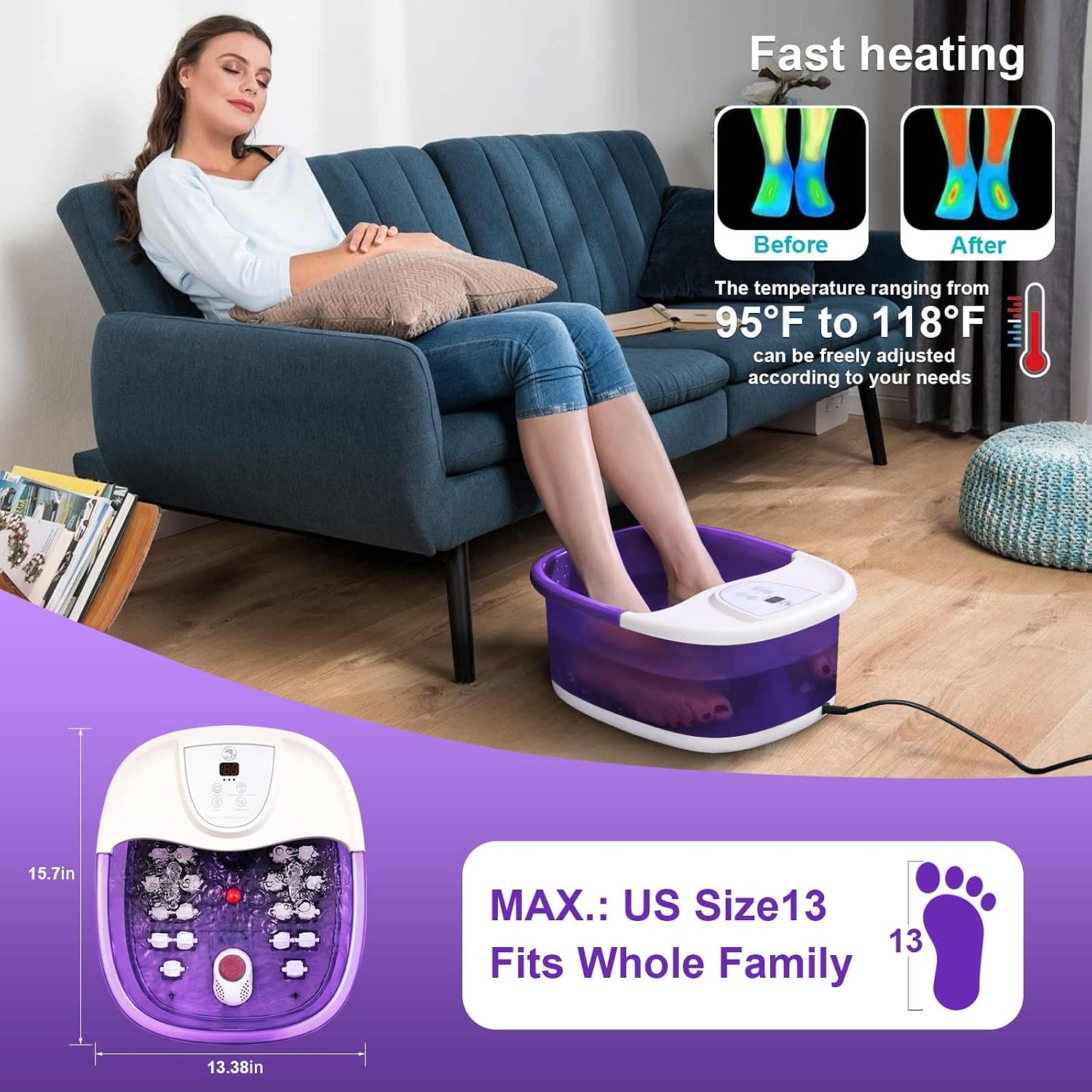 ECARBME Foot Spa Bath Massager with Heat, Foot Soaking Tub with 22 Massage Rollers, Temperature Control, Jets, Bubbles, Epsom Salt and Vibration, Foot Bath soak tub for Relaxation- Purple