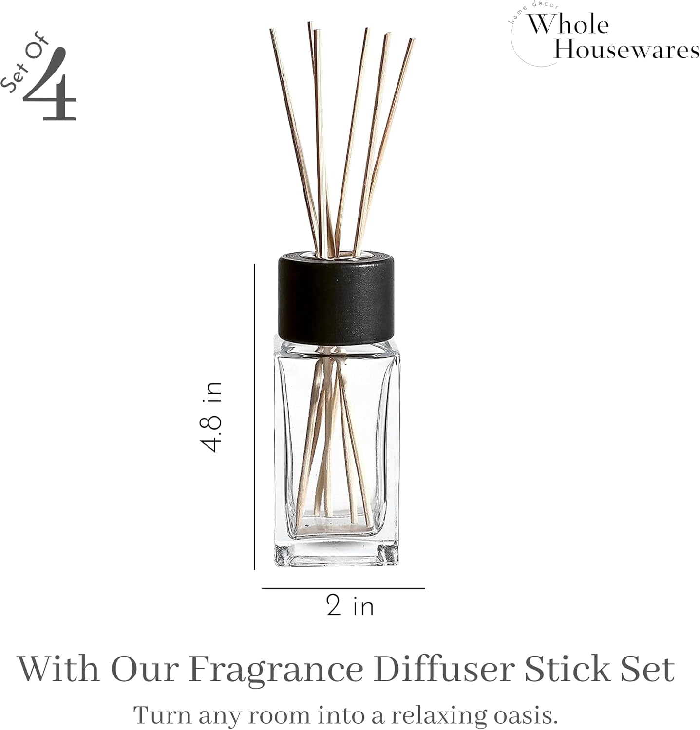 WHOLE HOUSEWARES Natural Diffuser Reeds Bottles Sticks | Clear Glass Home Décor for Kitchen and Living Room | Black Wood Caps | Décorative Fragrance Set with Long Lasting Aroma - Set of 4