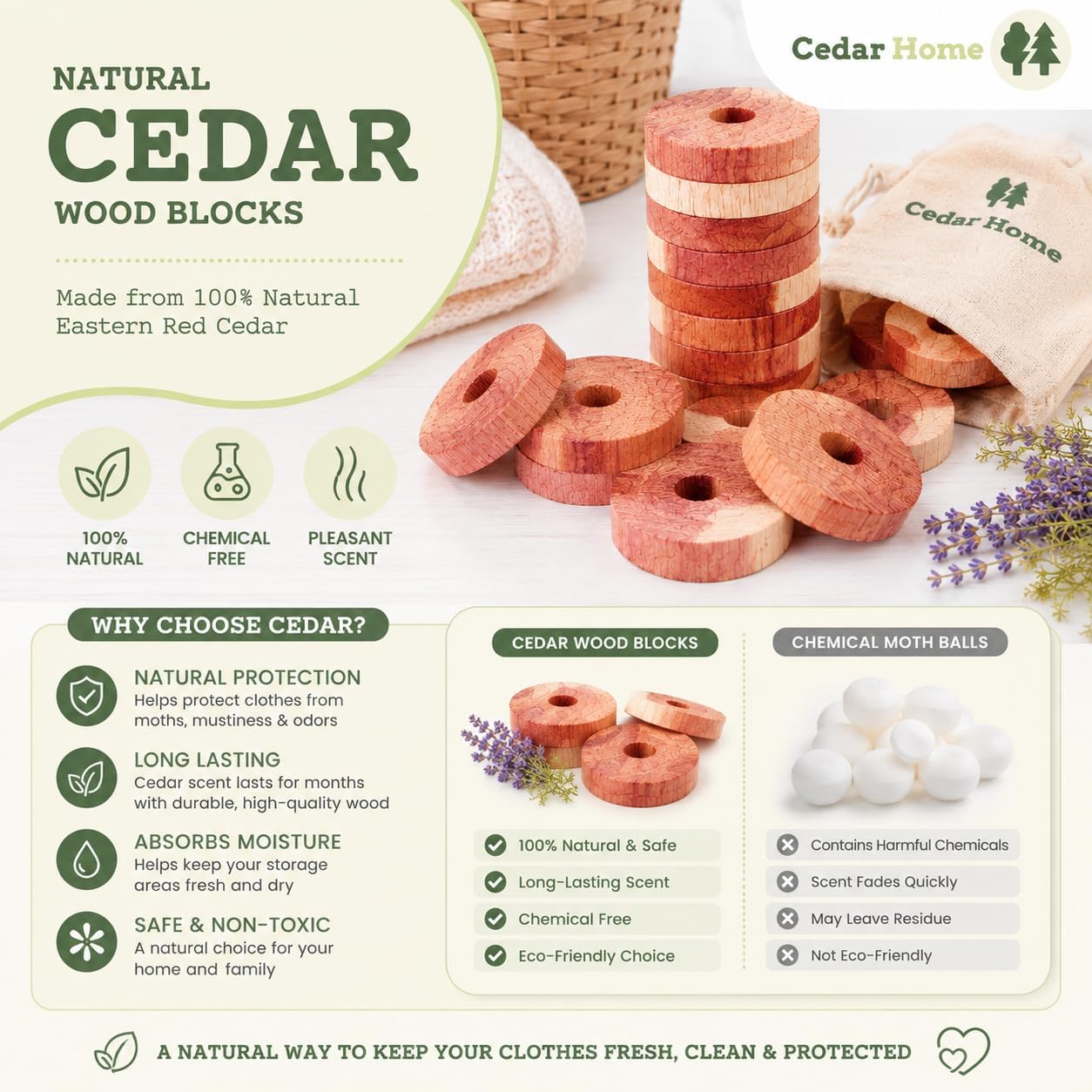 Cedar Blocks for Clothes Storage | Cedar Balls & Rings | Dresser Drawer Freshener Odor Eliminator | 40 Pieces, 30 Rings & Bonus 10 Balls, U.S.A Seller