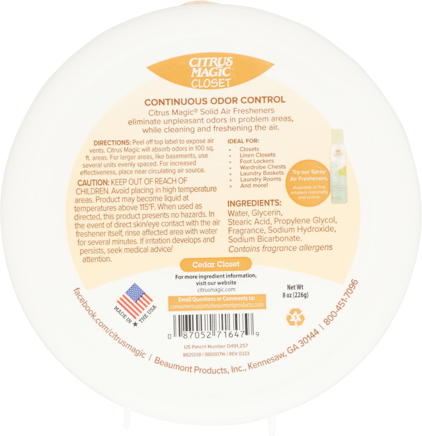 Citrus Magic For Closets Odor Absorbing Solid Air Freshener, Cedar Closet, 8-Ounce, Pack of 1 (616000000)