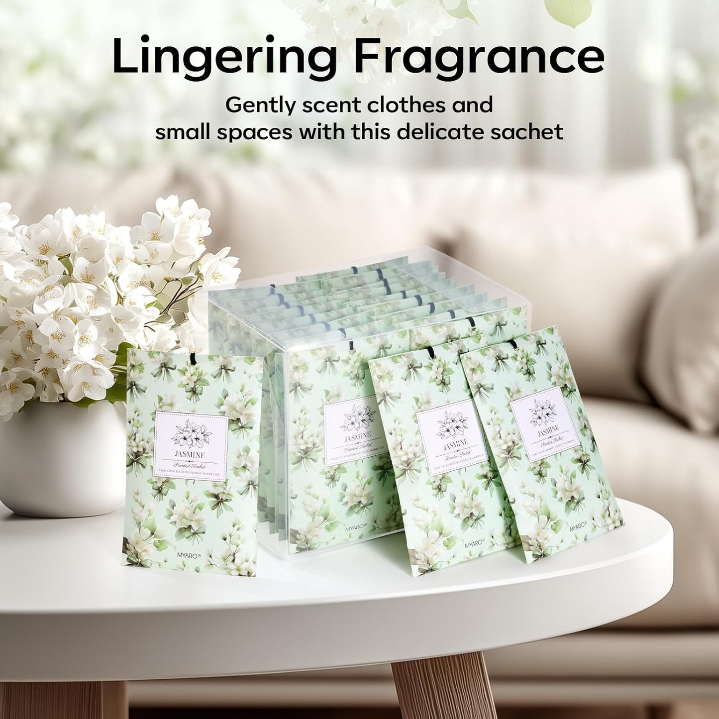 MYARO 20 Pack Jasmine Scented Sachets - Fresh Drawer & Closet Air Freshener Bags, Odor Eliminator for Bathroom, Lingerie Drawers, Car & Travel