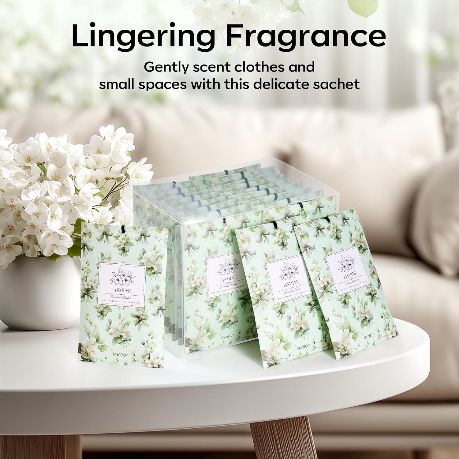 MYARO 20 Pack Jasmine Scented Sachets - Fresh Drawer & Closet Air Freshener Bags, Odor Eliminator for Bathroom, Lingerie Drawers, Car & Travel