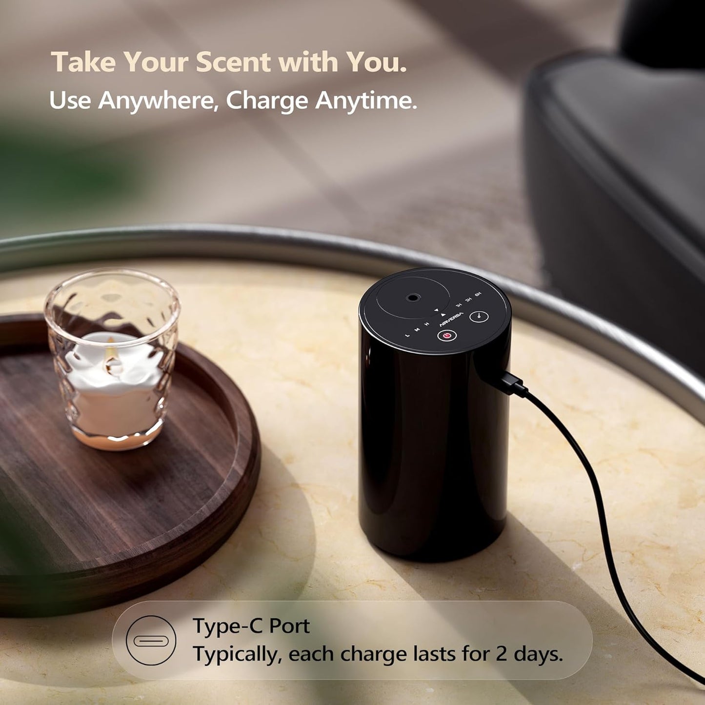 Airversa Waterless Diffuser for Essential Oil, Battery Operated Nebulizer, 0.7 Fl.Oz./ 20mL Capacity, Mini Scent Air Machine, 3 Countdown Timers & 3 Mist Levels for Home Room Car Office - AN8 White