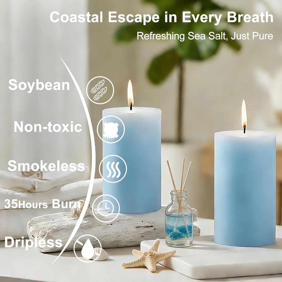 Scented Soy Pillar Candles, 3 Pack Blue Ocean Pillar Candle