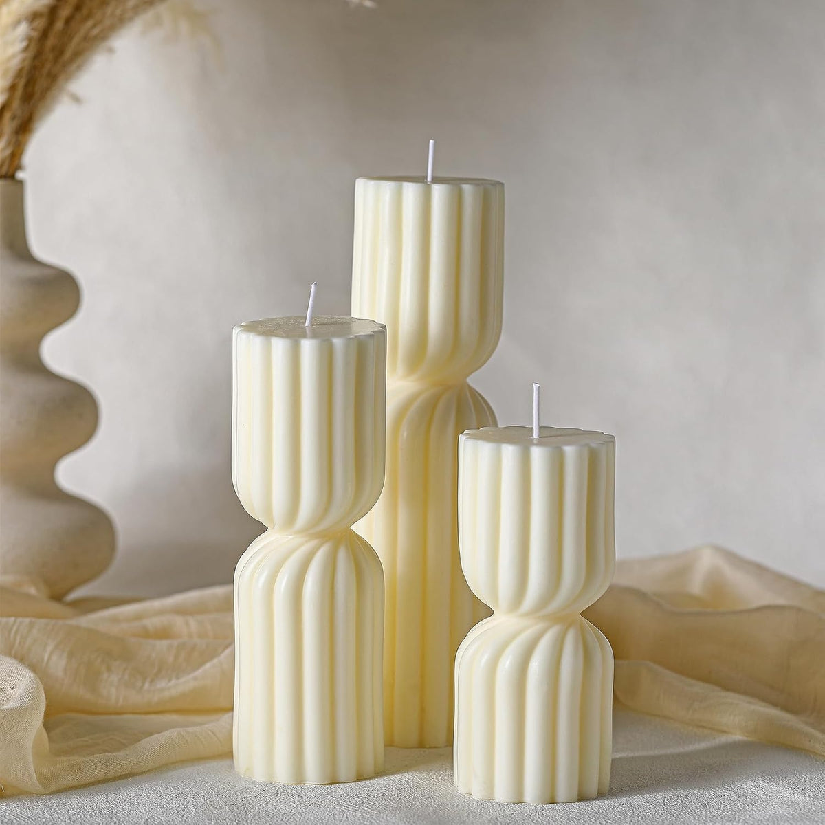 Conelist Ribbed Pillar Candles Set of 3 Width 2.4" High 5.5" 7" 9" Handmade Scented Soy Wax Candle Natural Aesthetic Candles