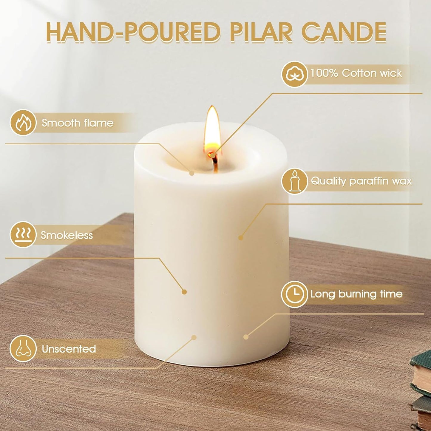 Uscented Pillar Candles, Ivory Pillar Candle Set of 4, 3 x 3 Inch Dripless and Smokeless Large Pillar Candles for Dinner Table, Christmas and Home Decor 45 Hours Long Burning Time