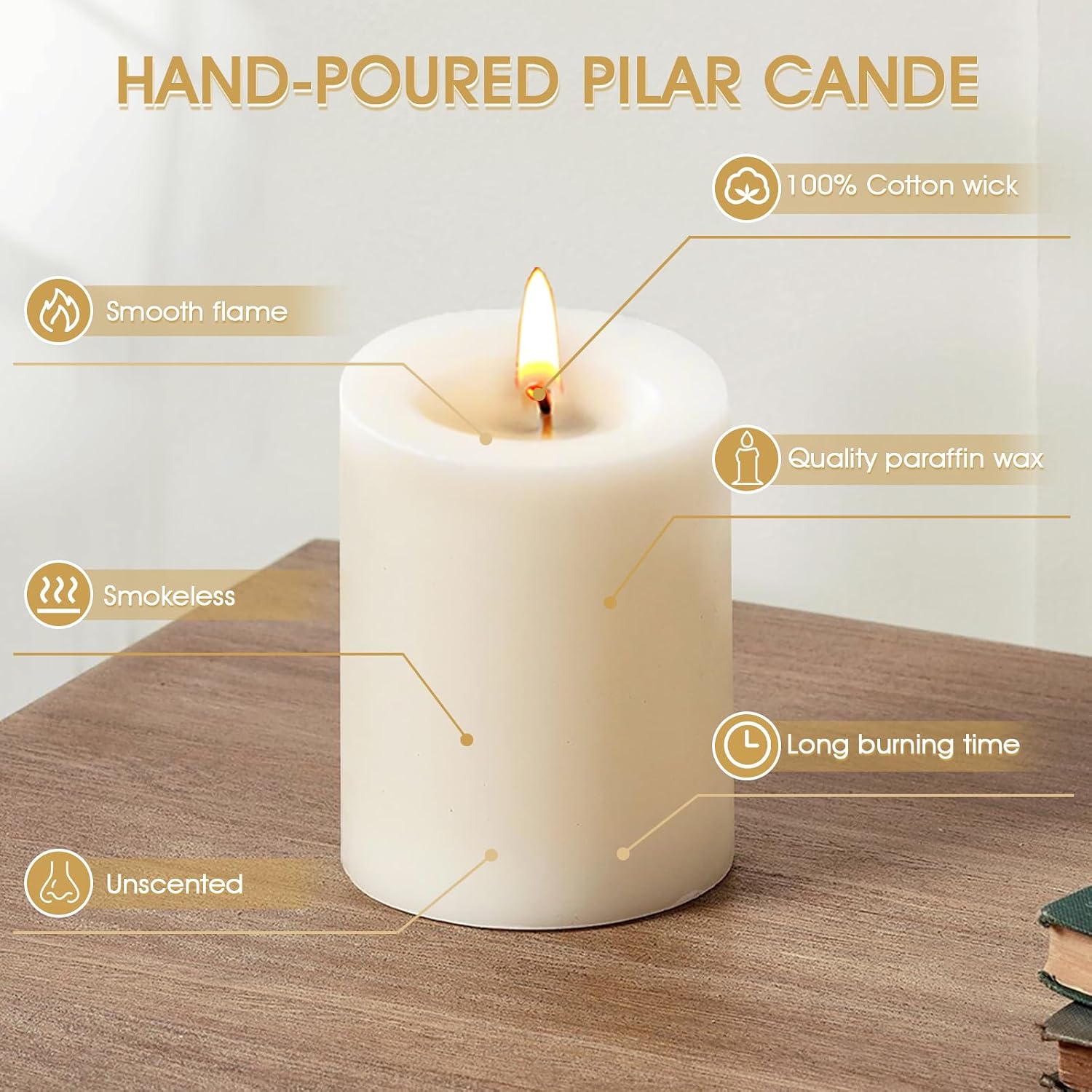 Uscented Pillar Candles, Ivory Pillar Candle Set of 4, 3 x 3 Inch Dripless and Smokeless Large Pillar Candles for Dinner Table, Christmas and Home Decor 45 Hours Long Burning Time