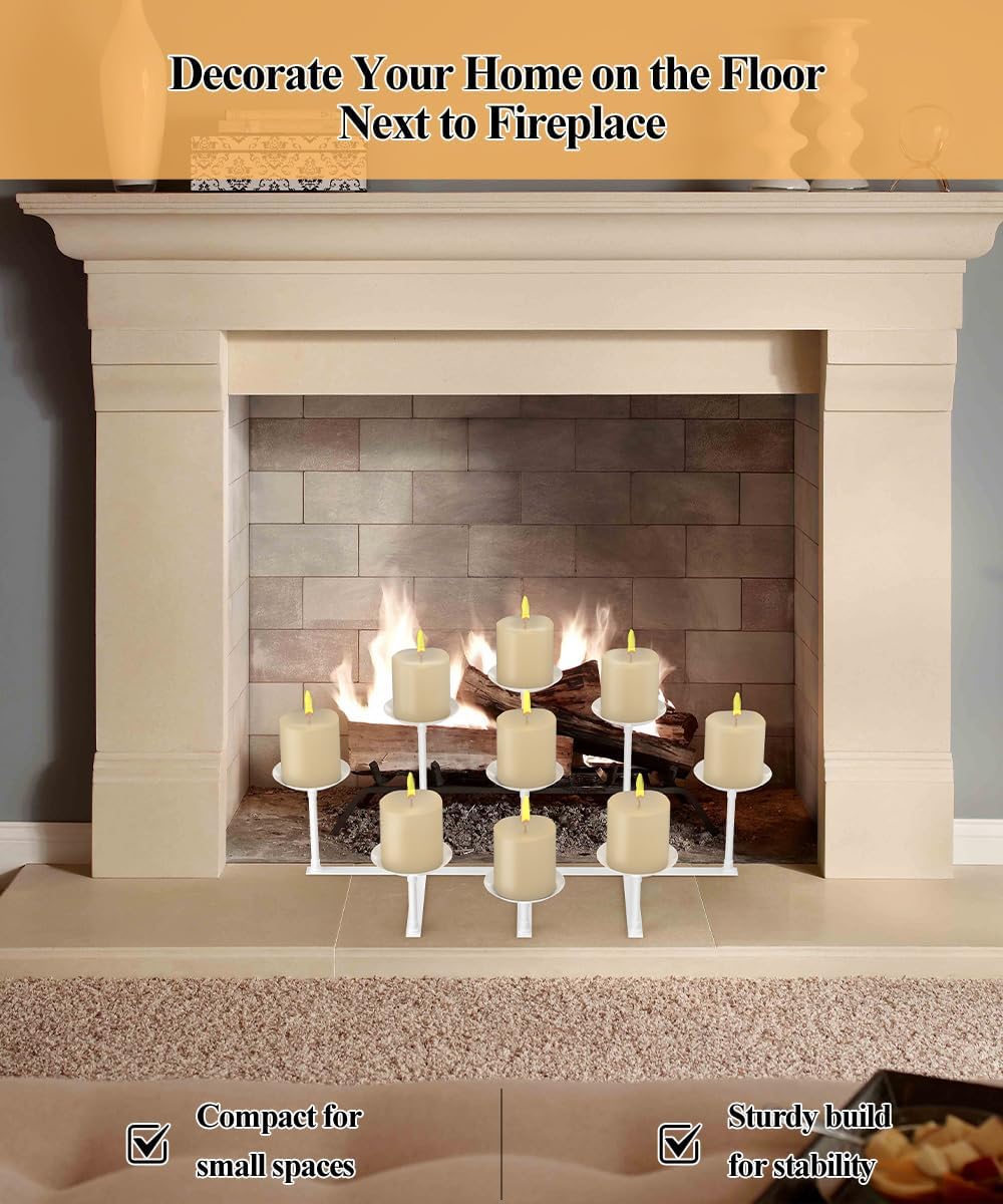 Fireplace Candle Holder with 9 Wax Pillar Plates, Candelabra Floor Mantle Iron Candles Stand for Inside Fire Place Decor Table Centrepiece Wedding Party Advent Decoration, White
