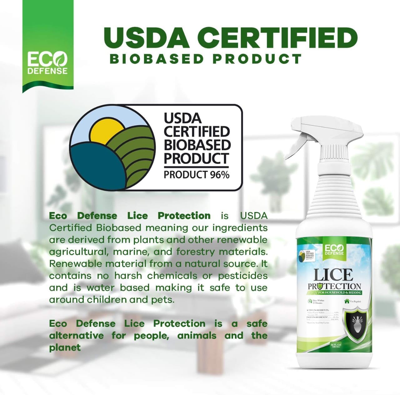 Eco Defense USDA Biobased Lice Spray for Furniture, Bedding, and Home - Natural Extra Strength Lice Treatment - Helps Keep Home Free of Lice