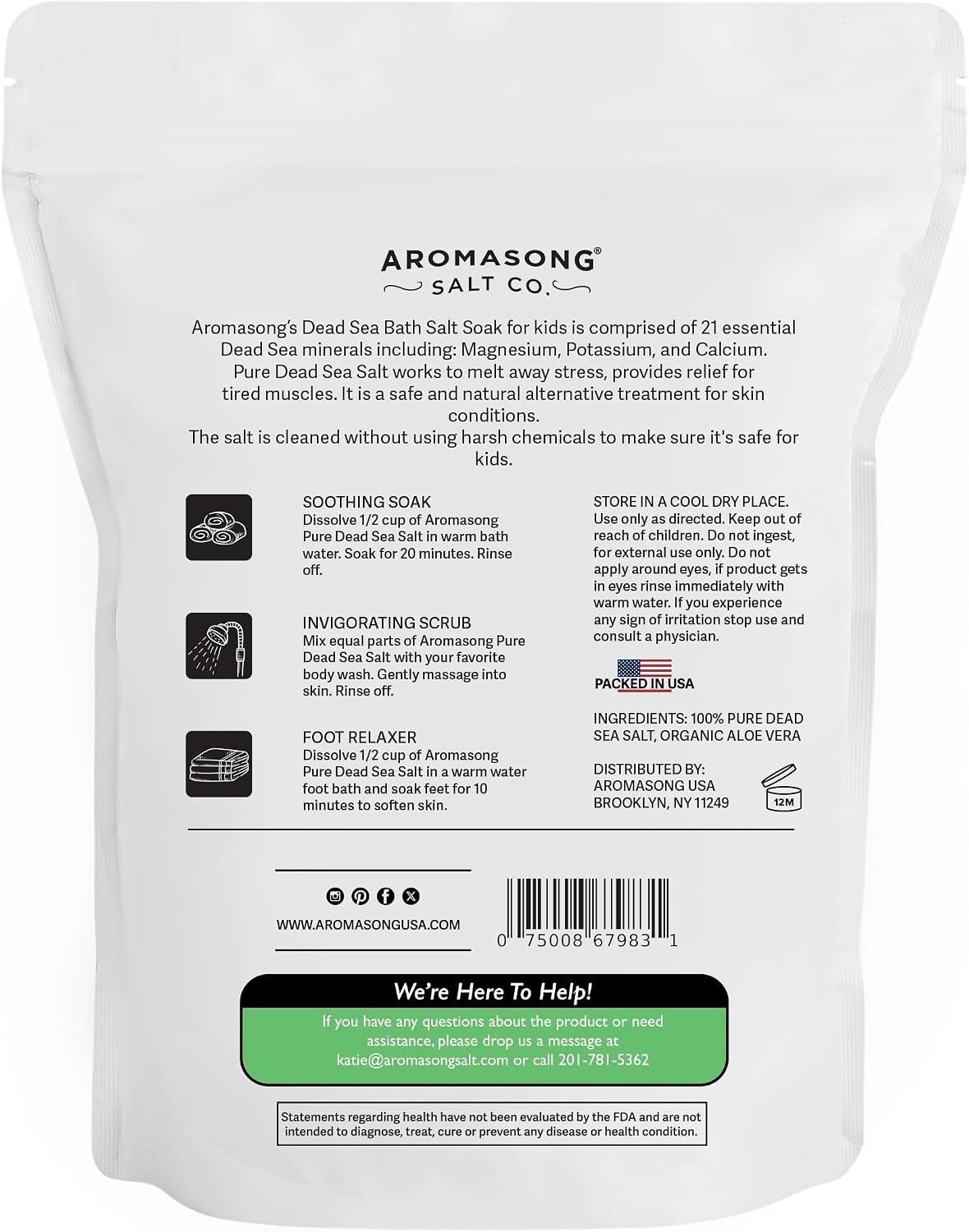 Aromasong Dead Sea Salt Kids Bath Soak with Aloe Vera – Soothing, Calming & Sleep-Ready – 4 Lbs Fine Grain Bulk Resealable Pack – 100% Pure & Natural Mineral-Rich Bath Salt