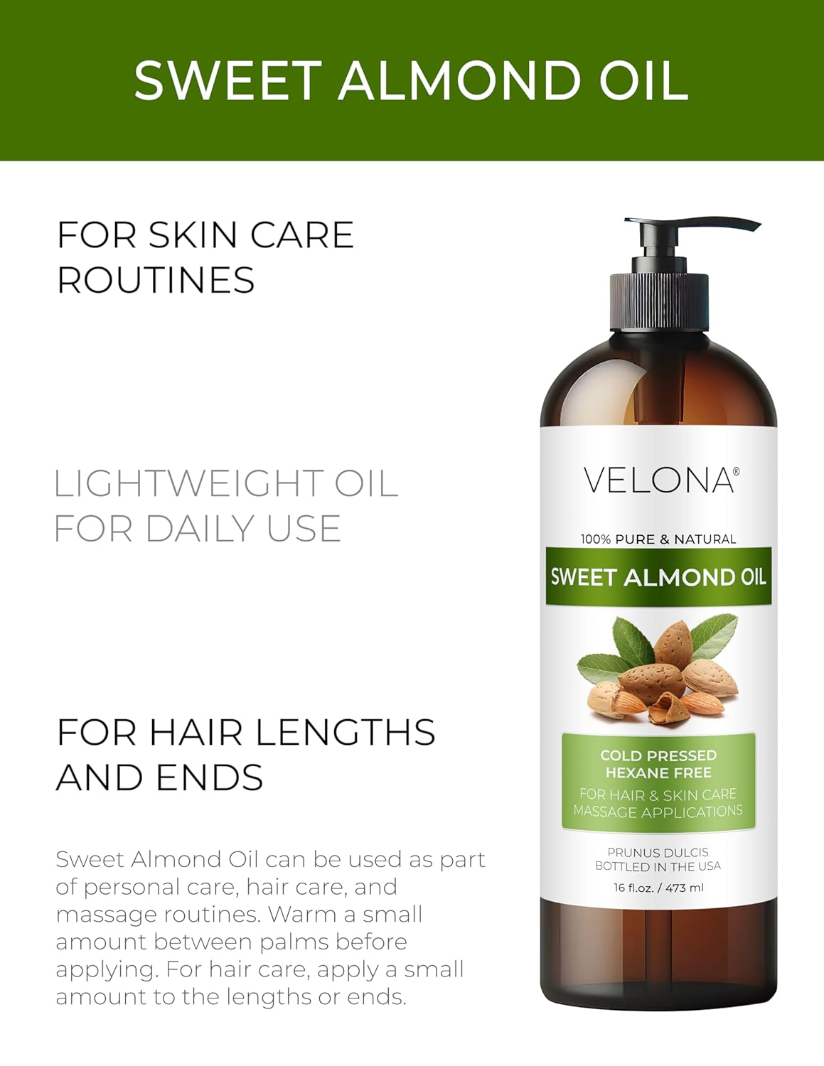 velona Sweet Almond Oil - 16 Fl Oz | 100% Pure and Natural Carrier Oil |Cold Pressed | Skin, Hair, Body & Face Moisturizing | Use Today - Enjoy Results…