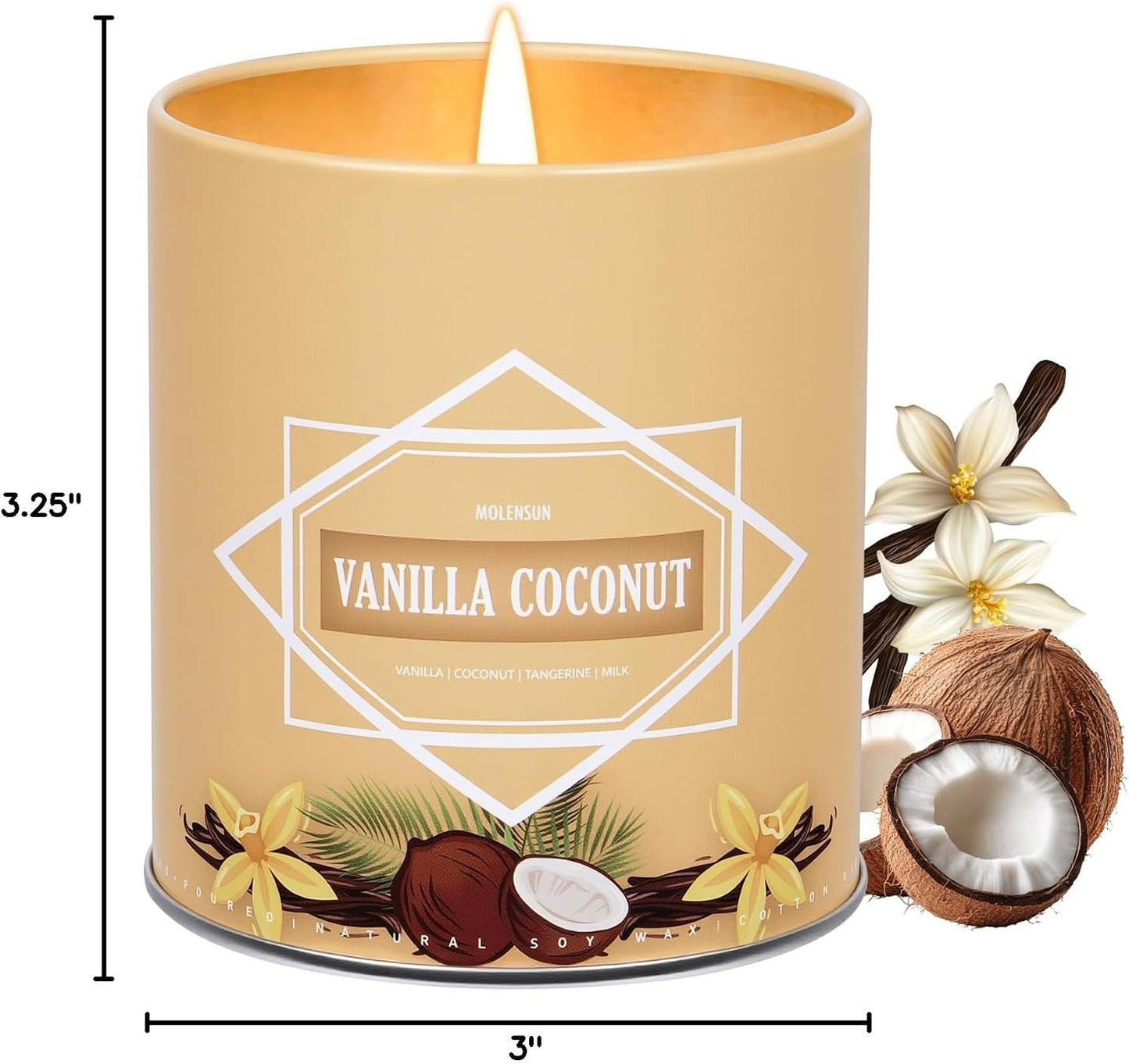 Vanilla Coconut Candle, Candles for Home Scented, 9 oz Soy Wax Candle Gift for Women Men, Aromatherapy Tin Jar Candle