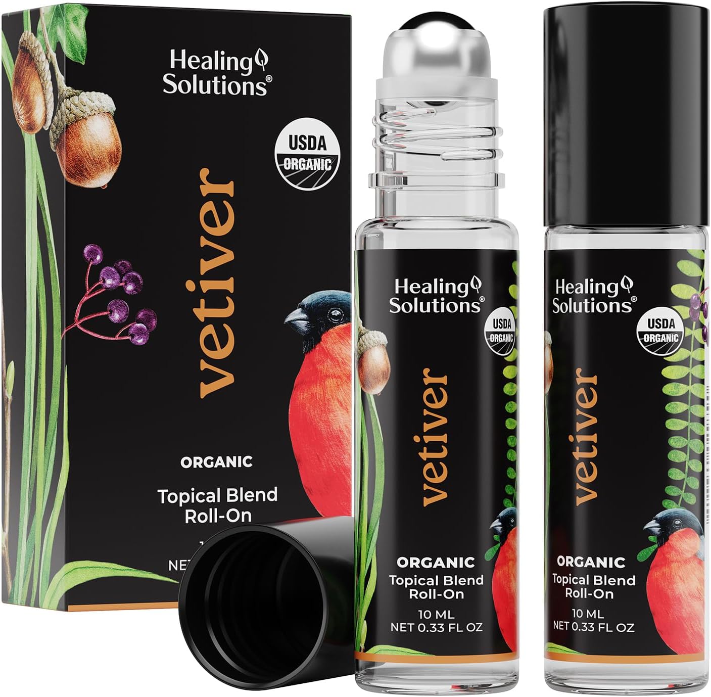 Healing Solutions (2 Pack) USDA Certified Organic Vetiver Essential Oil Roll-On for Skin Care - Essential Oil Roll On
