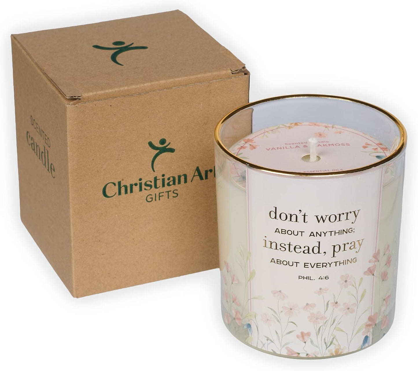 Christian Art Gifts Vanilla & Oakmoss Scented Candle: Don't Worry, Pray Bible Verse, Soy Wax, Pure Essential Oils, Floral Design Glass Jar, Encouragement Gift for Women, 40 Hours Burn Time