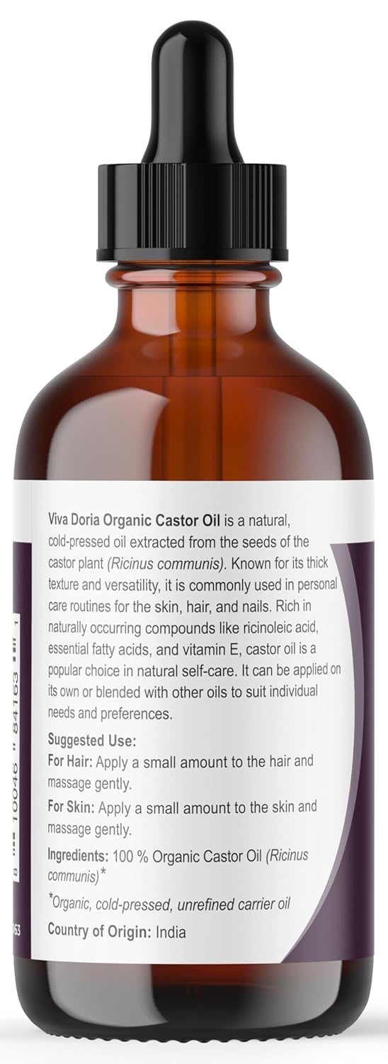 Viva Doria Organic Castor Oil, 4 Fl Oz | Virgin, Cold Pressed, Hexane-Free, Vegan | Nourishing Hair & Skin Care | Eyelash & Brow Serum | Glass Bottle with Dropper Top