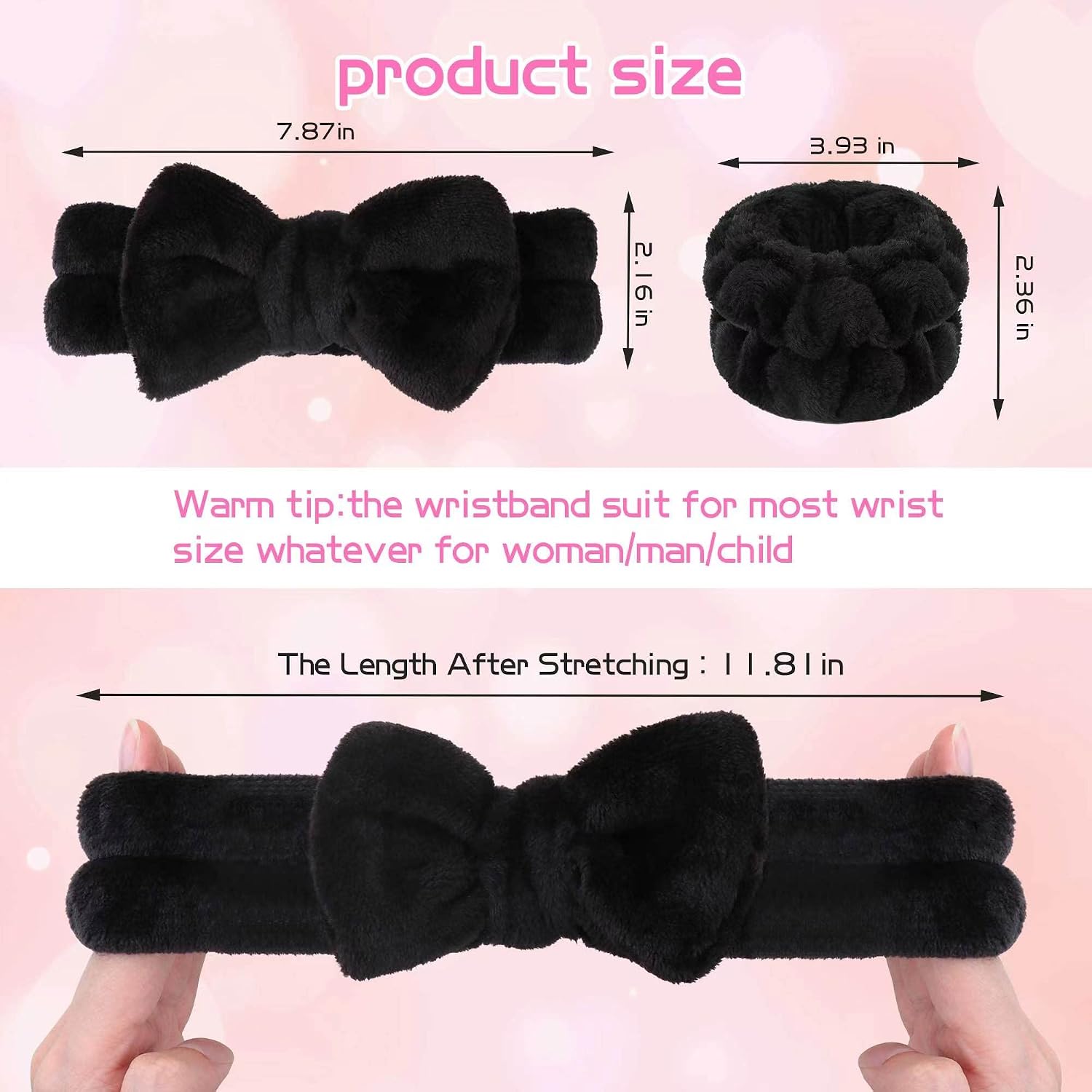 WSYUB Makeup Headbands, 1pcs Black Spa Headband Fluffy Bow Tie Headband Microfiber Face, and 2Pcs Wrist Spa Wash Band Absorbent Wristbands, for Washing Face Skin Care