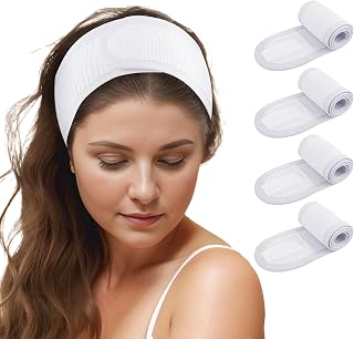 TopTie 4PCS Cotton Spa Facial Headband Waffle Terry Cloth, White Hair Wrap for Skincare Face Washing