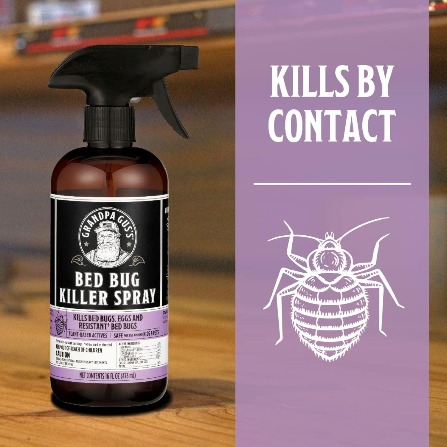 Grandpa Gus's Natural Bed Bug and Dust Mite Killer Spray, Plant-Based Home Treatment for Mattress and Bedding, Kills Eggs and Pyrethroid-Resistant Strains, 16 fl oz