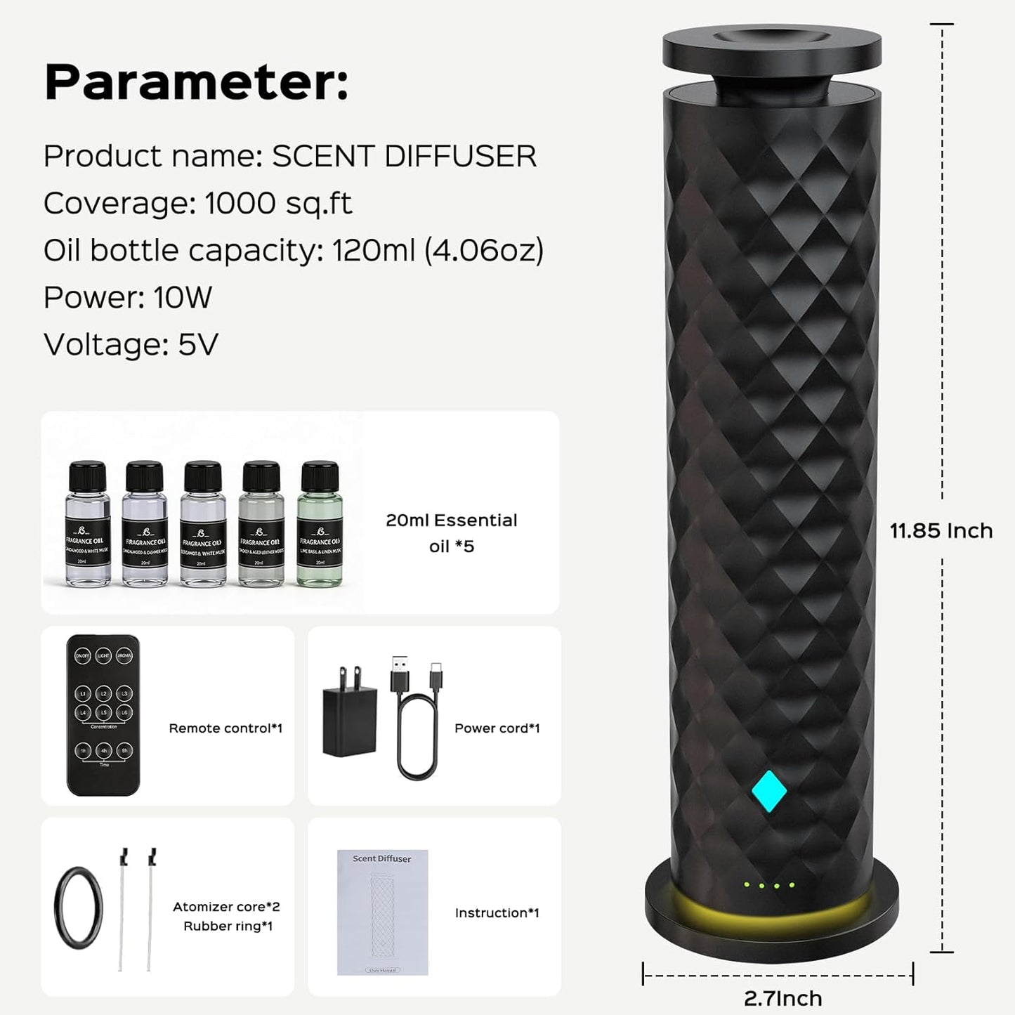 Waterless Scent Diffuser Starter Kit – Remote Control Cold Air Scent Diffuser Oil Machine with 5 Oils 1000 Sq Ft Coverage Quiet Nebulizing Aromatherapy for Home Office Bedroom & Spa